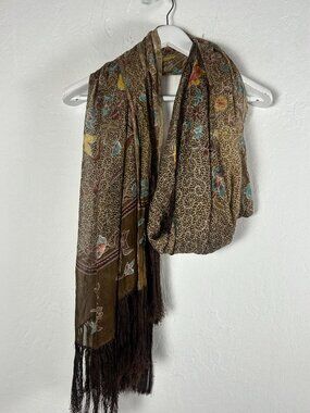 Womens Floral Silk Scarf with Fringe Trim Brown Yellow 37"x94" Lightweight Boho